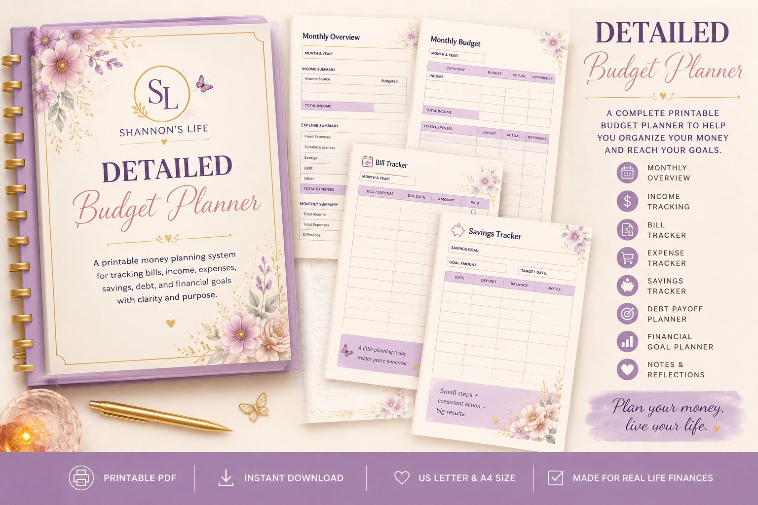 Detailed Budget Planner printable PDF product mockup with budget pages, bill tracker, savings tracker, and monthly planning pages.
